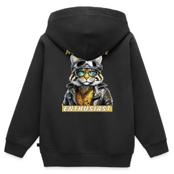 BLOUSON EN CUIR DE CHAT PASSIONNÉ DE MOTO - Sweat Premium à capuche zippé enfant bio - noir - Dos - AI Model Kid Male (0cm)