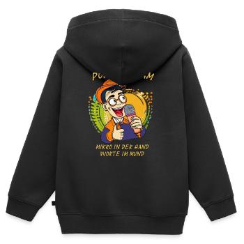 POETRY SLAM Mikro in der Hand, Worte im Mund - Kinder Premium Organic Zip Hoodie - Schwarz - Hinten - AI Model Kid Male (0cm)