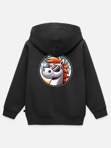 Cavallo con occhiali da sole in stile fumetto - Felpa Premium con cappuccio con zip bambino bio - nero