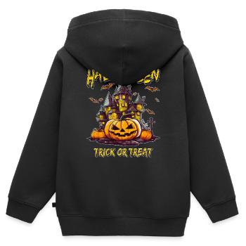 HALLOWEEN TRICK OR TREAT - Kinder Premium Organic Zip Hoodie - Schwarz - Hinten - AI Model Kid Male (0cm)