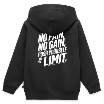 OHNE SCHMERZ KEIN PREIS GEHEN SIE AN IHRE GRENZEN - Kinder Premium Organic Zip Hoodie - Schwarz - Hinten - AI Model Kid Male (0cm)