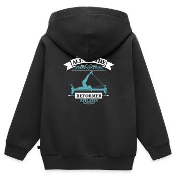 Laissez tout sur le motif Reformer Pilates - Sweat Premium à capuche zippé enfant bio - noir - Dos - AI Model Kid Male (0cm)