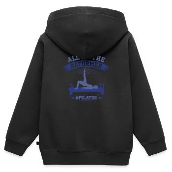 Laissez tout sur le motif Reformer Pilates - Sweat Premium à capuche zippé enfant bio - noir - Dos - AI Model Kid Male (0cm)