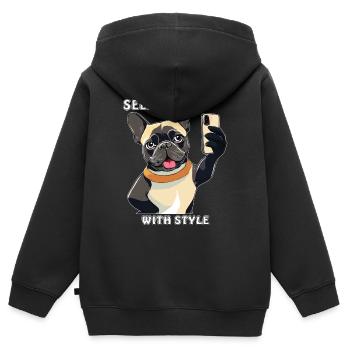SELFIES DE CHIEN SUR SMARTPHONE AVEC STYLE - Sweat Premium à capuche zippé enfant bio - noir - Dos - AI Model Kid Male (0cm)