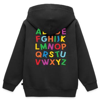 ABC lettres de l'alphabet colorées pour lecture - Sweat Premium à capuche zippé enfant bio - noir - Dos - AI Model Kid Male (0cm)