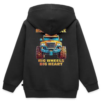 VOITURE MONSTER TRUCK GRANDES ROUES GRAND COEUR - Sweat Premium à capuche zippé enfant bio - noir - Dos - AI Model Kid Male (0cm)