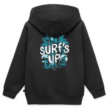 SURF'S UP - Kinder Premium Organic Zip Hoodie - Schwarz - Hinten - AI Model Kid Male (0cm)