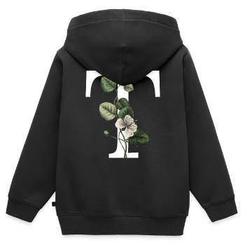 lettre T botanique vert - Sweat Premium à capuche zippé enfant bio - noir - Dos - AI Model Kid Male (0cm)