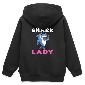 Verrückte Hai-Dame mit süßer lächelnder Hai-Neuheit - Kinder Premium Organic Zip Hoodie - Schwarz - Hinten - AI Model Kid Male (0cm)