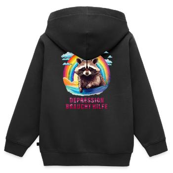 WASCHBÄR DEPRESSION BRAUCHT HILFE - Kinder Premium Organic Zip Hoodie - Schwarz - Hinten - AI Model Kid Male (0cm)