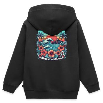 Lokahi - Vague hawaïenne et coucher de soleil Harmony Design - Sweat Premium à capuche zippé enfant bio - noir - Dos - AI Model Kid Male (0cm)