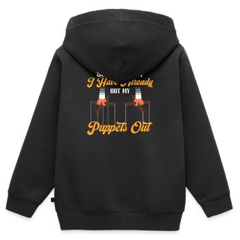 Sorry I Can't I Have Already Got My Puppets Out - Kinder Premium Organic Zip Hoodie - Schwarz - Hinten - AI Model Kid Male (0cm)