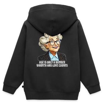 AGE IS ONLY A NUMBER WARMTH AND LOVE COUNTS - Kids Premium Organic Zip-up Hoodie - black - Back - AI Model Kid Male (0cm)