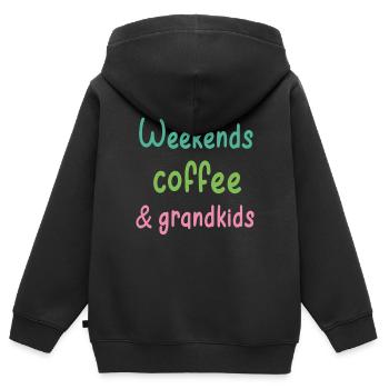 Week-ends café et petits-enfants citations week-ends - Sweat Premium à capuche zippé enfant bio - noir - Dos - AI Model Kid Male (0cm)