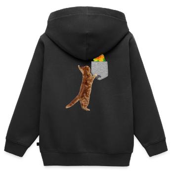Katze, die nach Turteltauben in gefälschter Print-On-Tasche greift - Kinder Premium Organic Zip Hoodie - Schwarz - Hinten - AI Model Kid Male (0cm)