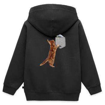 Chat atteignant la mésange touffetée dans la fausse poche Cool - Sweat Premium à capuche zippé enfant bio - noir - Dos - AI Model Kid Male (0cm)