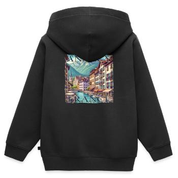 Annecy Altstadt Wasser Kanäle Berge Wandern Grunge - Kinder Premium Organic Zip Hoodie - Schwarz - Hinten - AI Model Kid Male (0cm)