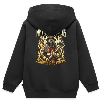 Mon père traverse le feu pour moi Pompier - Sweat Premium à capuche zippé enfant bio - noir - Dos - AI Model Kid Male (0cm)