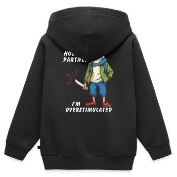 Hold On Partner I'm Overstimulated - Kinder Premium Organic Zip Hoodie - Schwarz - Hinten - AI Model Kid Male (0cm)