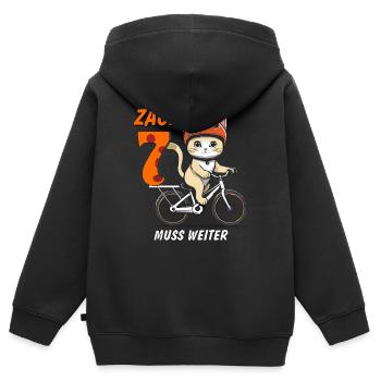 KATZE FAHRRAD MUSS WEITER ZACK SIEBEN - Kinder Premium Organic Zip Hoodie - Schwarz - Hinten - AI Model Kid Male (0cm)