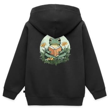 Grenouille cottagecore avec livre - Sweat Premium à capuche zippé enfant bio - noir - Dos - AI Model Kid Male (0cm)