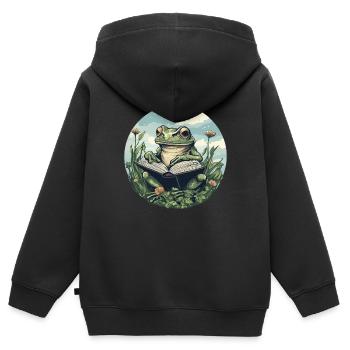 Grenouille cottagecore avec livre - Sweat Premium à capuche zippé enfant bio - noir - Dos - AI Model Kid Male (0cm)
