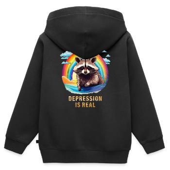 WASCHBÄR DEPRESSION IS REAL - Kinder Premium Organic Zip Hoodie - Schwarz - Hinten - AI Model Kid Male (0cm)
