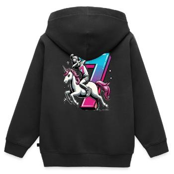 Anniversaire 7 ans Licorne Dab - Sweat Premium à capuche zippé enfant bio - noir - Dos - AI Model Kid Male (0cm)