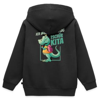 T-Rex mit Schulranzen - Ich mach den Abflug, Tschü - Kinder Premium Organic Zip Hoodie - Schwarz - Hinten - AI Model Kid Male (0cm)