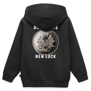 ÖLD COINS NEW LUCK - Kinder Premium Organic Zip Hoodie - Schwarz - Hinten - AI Model Kid Male (0cm)