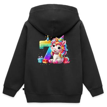 NUMÉRO 7 ANS LICORNE 7E ANNIVERSAIRE - Sweat Premium à capuche zippé enfant bio - noir - Dos - AI Model Kid Male (0cm)