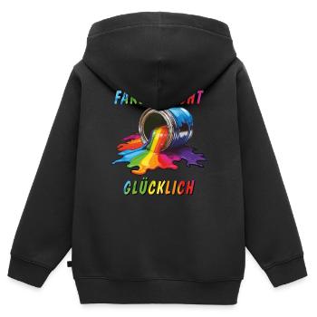 FARBDOSE FARBE MACHT GLÜCKLICH - Kinder Premium Organic Zip Hoodie - Schwarz - Hinten - AI Model Kid Male (0cm)