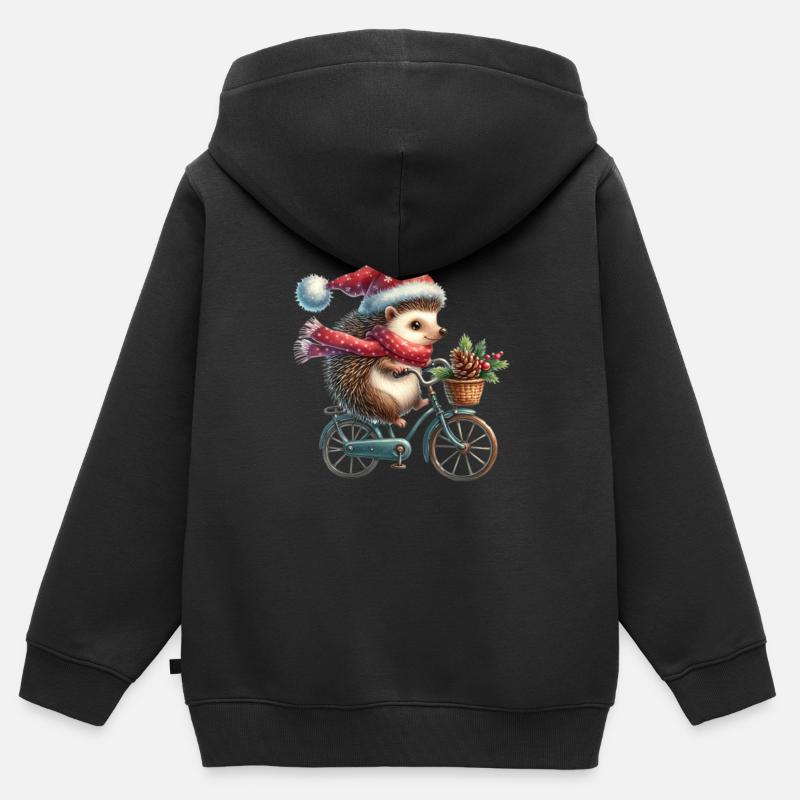 Hérisson mignon avec chapeau de père Noël à vélo - Sweat Premium à capuche zippé enfant bio - noir