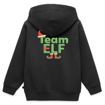 Équipe Elfe Onze Elfes Elfes Noël Onze Noël - Sweat Premium à capuche zippé enfant bio - noir - Dos - AI Model Kid Male (0cm)