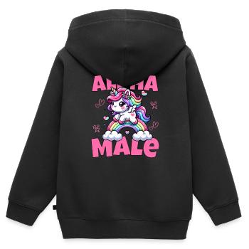 Mignon mâle licorne alpha chevauchant l’arc-en-ciel - Sweat Premium à capuche zippé enfant bio - noir - Dos - AI Model Kid Male (0cm)