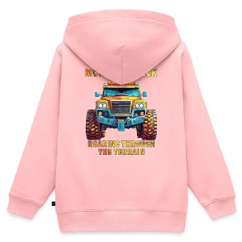 CAMION RUGISSANT SUR LE TERRAIN - Sweat Premium à capuche zippé enfant bio - rose - Dos - AI Model Kid Female (0cm)