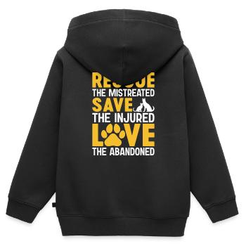 Rette die Misshandelten Rette die Verlassenen Lustig - Kinder Premium Organic Zip Hoodie - Schwarz - Hinten - AI Model Kid Male (0cm)