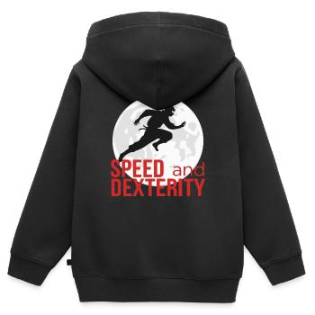 NINJA, GESCHWINDIGKEIT UND GESCHICKLICHKEIT - Kinder Premium Organic Zip Hoodie - Schwarz - Hinten - AI Model Kid Male (0cm)
