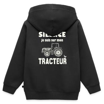 Silence Je Suis Sur Mon Tracteur | Humour Tracteur - Sweat Premium à capuche zippé enfant bio - noir - Dos - AI Model Kid Male (0cm)