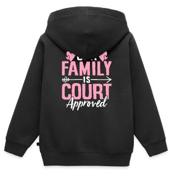 Notre famille est approuvée par le tribunal Gotcha drôle - Sweat Premium à capuche zippé enfant bio - noir - Dos - AI Model Kid Male (0cm)