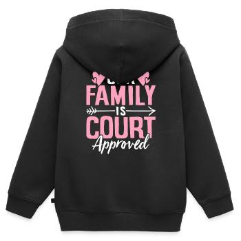 Notre famille est approuvée par le tribunal Gotcha drôle - Sweat Premium à capuche zippé enfant bio - noir - Dos - AI Model Kid Male (0cm)