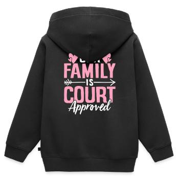 Notre famille est approuvée par le tribunal Gotcha drôle - Sweat Premium à capuche zippé enfant bio - noir - Dos - AI Model Kid Male (0cm)