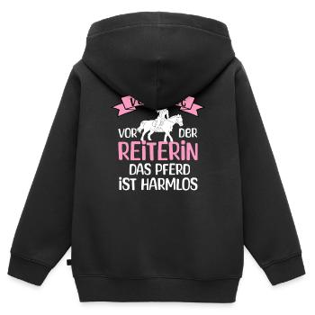Vorsicht Reiterin - Kinder Premium Organic Zip Hoodie - Schwarz - Hinten - AI Model Kid Male (0cm)