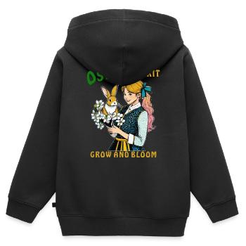 FRAU HASE BLUME OSTARA SPIRIT - Kinder Premium Organic Zip Hoodie - Schwarz - Hinten - AI Model Kid Male (0cm)
