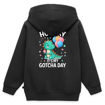 Hourra c’est ma journée Gotcha Placement en famille d’accueil drôle - Sweat Premium à capuche zippé enfant bio - noir - Dos - AI Model Kid Male (0cm)