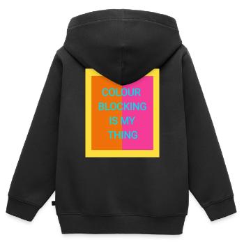 Blocage des couleurs - Sweat Premium à capuche zippé enfant bio - noir - Dos - AI Model Kid Male (0cm)