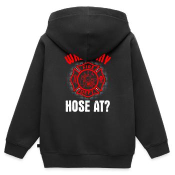 Wo Mein Schlauch an der lustigen Feuerwehr-Roten Linie - Kinder Premium Organic Zip Hoodie - Schwarz - Hinten - AI Model Kid Male (0cm)