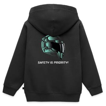 SICHERHEIT HAT PRIORITÄT - Kinder Premium Organic Zip Hoodie - Schwarz - Hinten - AI Model Kid Male (0cm)