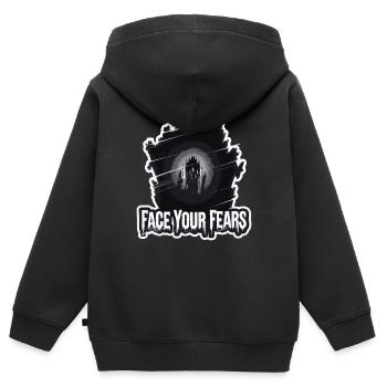 DEINE SCHLIMMSTEN ÄNGSTE - Kinder Premium Organic Zip Hoodie - Schwarz - Hinten - AI Model Kid Male (0cm)