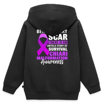 Derrière chaque cicatrice Malformation de Chiari pourpre - Sweat Premium à capuche zippé enfant bio - noir - Dos - AI Model Kid Male (0cm)